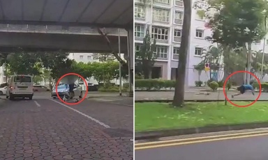 Motorcyclist sees rider tumbling off e-scooter along Punggol pavement after speeding across carpark entrance