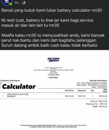 Caj RM30 Tukar Bateri Kalkulator Pelajar Undang Kritikan, Peniaga Tampil Beri Penjelasan