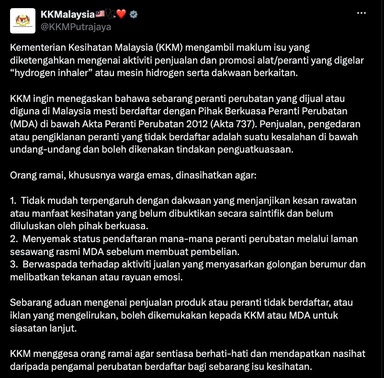 “RM6,999 Untuk ‘Mesin Air Hidrogen’?” – KKM Beri Peringatan, Warga Emas Diminta Berhati-Hati
