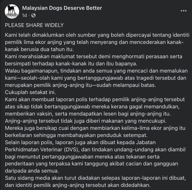 “Dari Sumber Yang Dipercayai..” – NGO Haiwan Liar Dakwa Pemilik Anjing Yang Mengigit Adik Haira Adalah