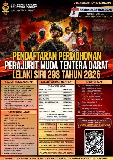 Pengambilan Perajurit Muda Tentera Darat Malaysia 2026 (Lelaki Siri 208)
