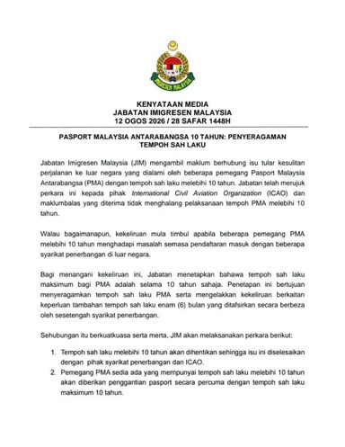Pasport Malaysia Dengan Sahlaku Melebihi 10 Tahun Dihentikan – Individu Terjejas Boleh Ganti Pasport Percuma