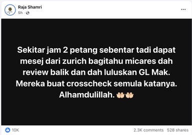 GL Insurans Ibu Raja Shamri Akhirnya Lulus, Syarikat Buat Semakan Semula Selepas Isu Tular
