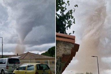 Moment rare tornado swirls under violent supercell thunderstorm in France