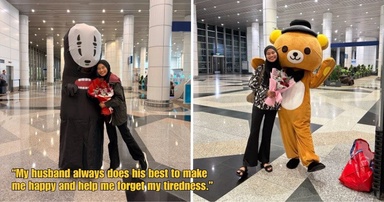 M’sian Husband Welcomes Wife at Airport After Every Trip, Shows Up in Different Mascot Costumes Each Time