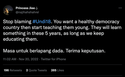 Image from: Young voters getting blamed by the netizen for the #GE15 results, calling an end to Undi18