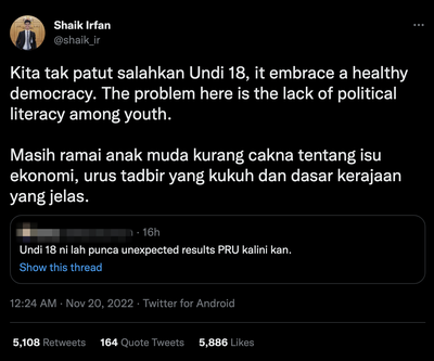 Image from: Young voters getting blamed by the netizen for the #GE15 results, calling an end to Undi18