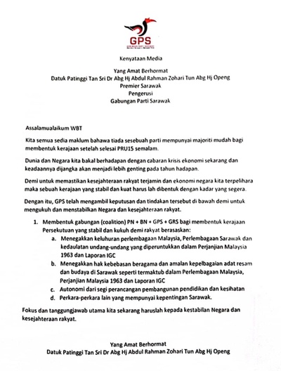 Image from: [Updated] BN refutes GPS claim to forming Federal Government with PN, GPS, GRS