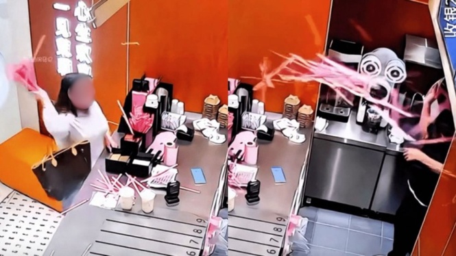 外带奶茶漏放吸管 女子暴走狂砸店员