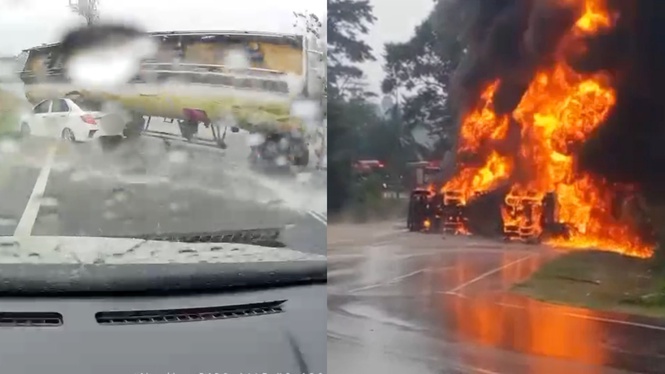 油槽车翻覆压扁轿车 母子恐烧成焦尸