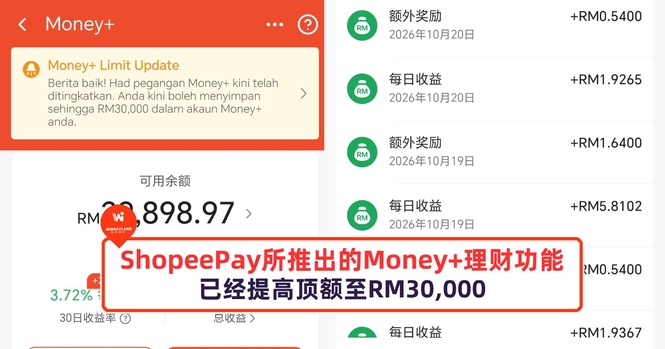 Image from: ShopeePay所推出的Money+理财功能已经提高顶额至RM30,000