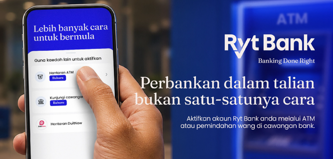 Pengguna Ryt Bank kini boleh aktifkan akaun melalui mesin ATM, ini caranya