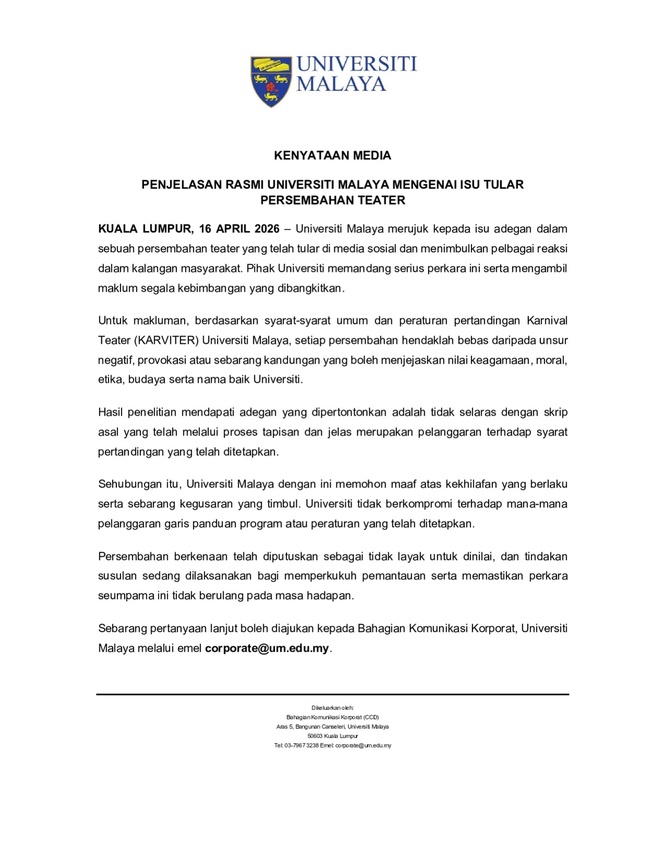 Image from: Isu Persembahan Teater: UM Tampil Beri Penjelasan, Mohon Maaf-“Tak Selaras Skrip Asal”