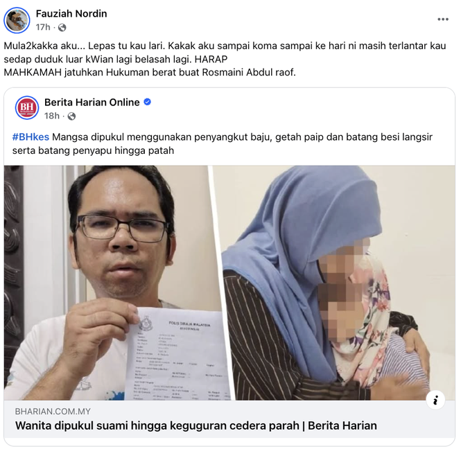 Image from: Adik Jahidah Bersuara, Dakwa Suami Kasari Isteri Hingga Keguguran Lelaki Sama Aniaya Kakak