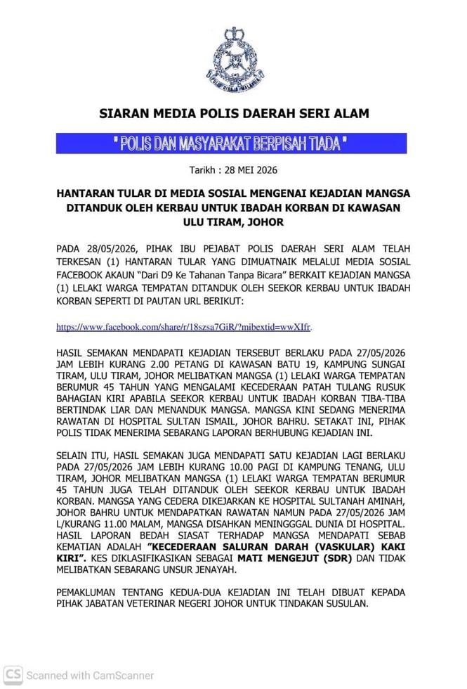 Image from: Kerbau Tiba-Tiba Naik Minyak, Seorang Maut Ditanduk Ketika Ibadah Korban Di Ulu Tiram