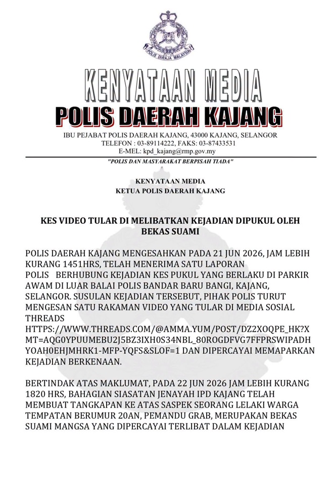 Image from: Tular Kasari Bekas Isteri Depan Balai Polis, Pemandu E-Hailing Ditahan