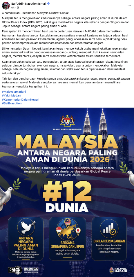 Image from: Malaysia Kini Negara Ke-12 Paling Aman Di Dunia, Setaraf Singapura Dan Jepun
