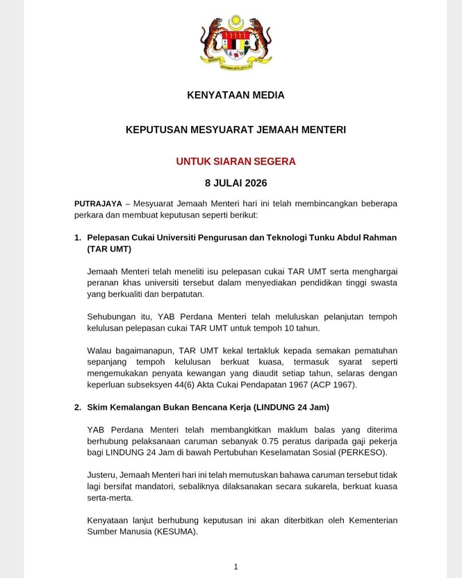 Image from: Tiada Lagi Caruman Wajib, Skim Lindung 24 Jam Bertukar Jadi Sukarela