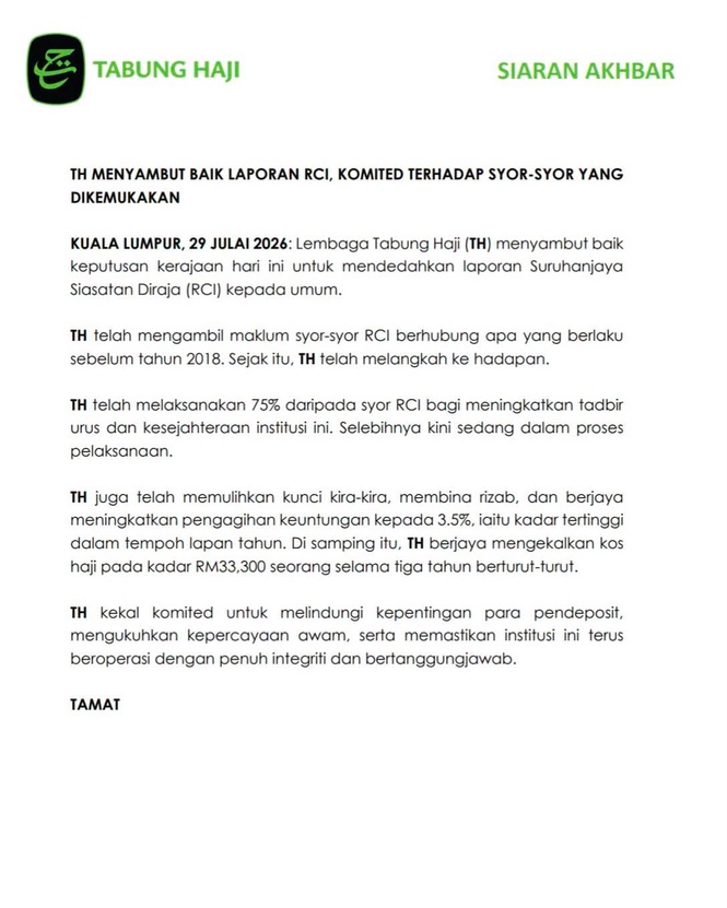 Image from: Tabung Haji Sambut Baik Pendedahan RCI, Komited Laksana Semua Syor Dikemukakan