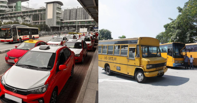 Deretan teksi merah putih di kawasan pengangkutan awam serta beberapa buah bas sekolah berwarna kuning yang diletakkan di kawasan parkir.