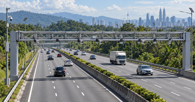 Ilustrasi lebuh raya pintar Malaysia dengan gantri tol tanpa palang, kamera pemantauan trafik dan lampu solar, berlatarbelakangkan latar langit Kuala Lumpur.