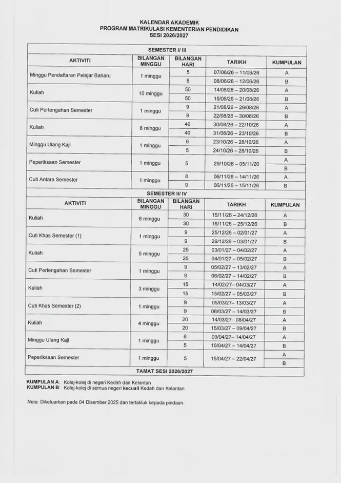 Image from: Cuti Semester Matrikulasi 2026, Takwim & Tarikh Peperiksaan
