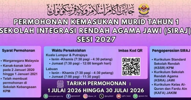 Image from: SIRAJ: Permohonan Sekolah Integrasi Rendah Agama JAWI 2027