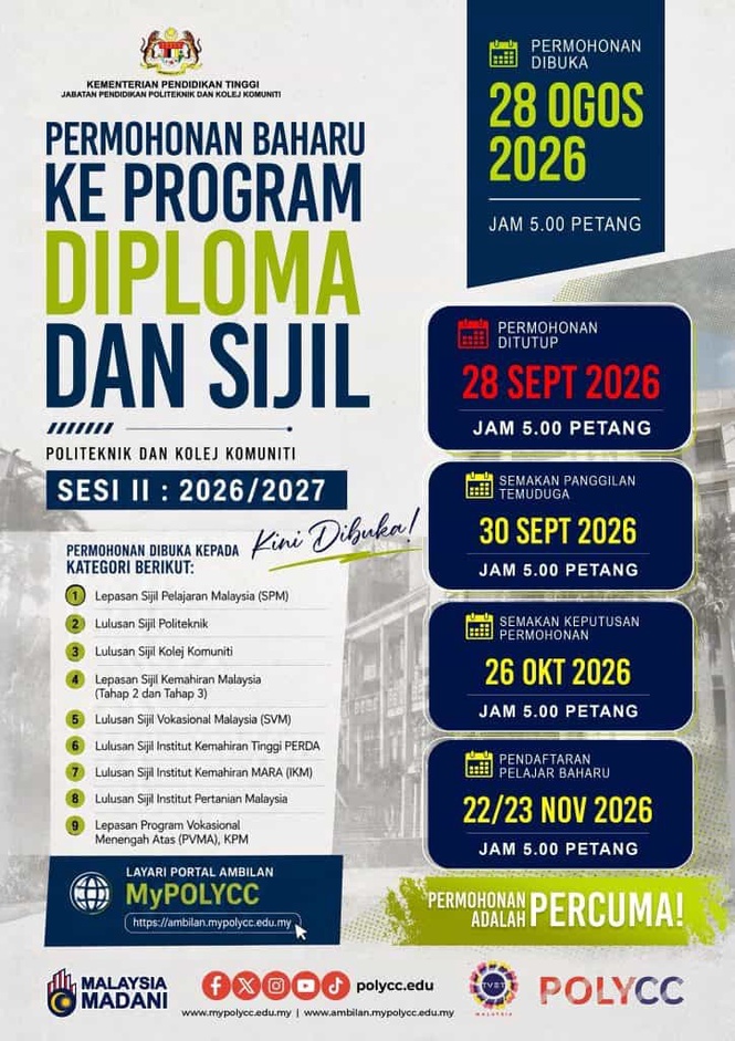 Image from: Permohonan Kemasukan Politeknik & Kolej Komuniti 2026/2027 (Diploma & Sijil)