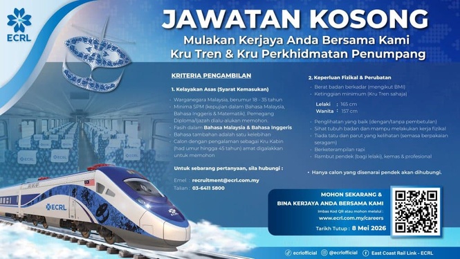 Image from: Jawatan Kosong ECRL – Kru Tren & Kru Perkhidmatan Penumpang