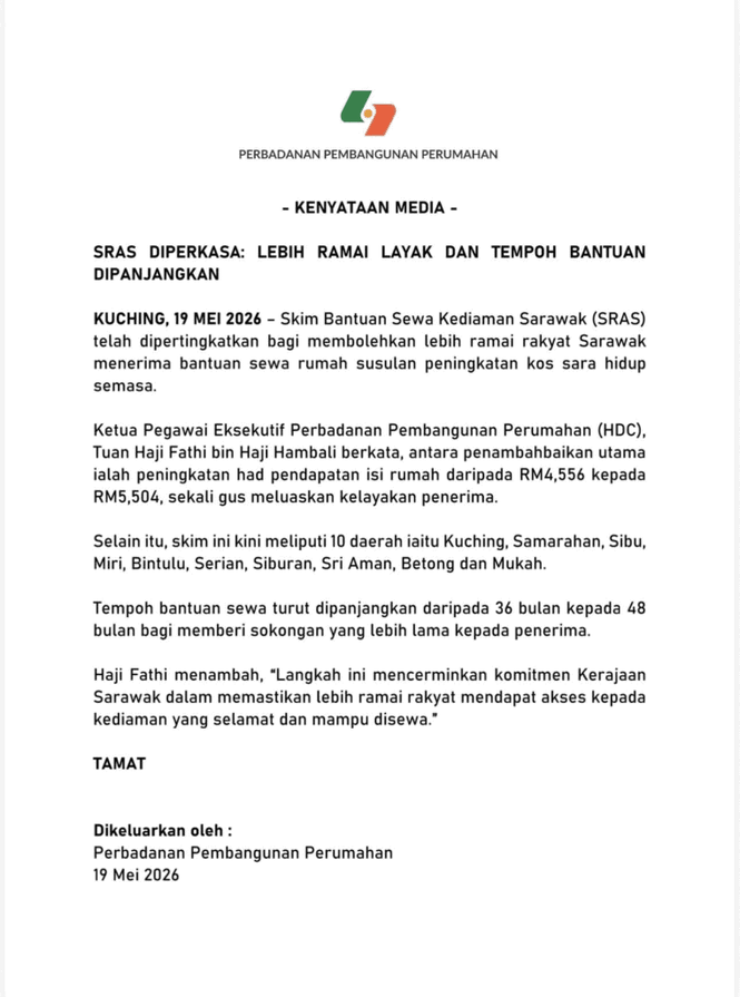 SRAS - Skim Bantuan Sewa Kediaman Sarawak 2026