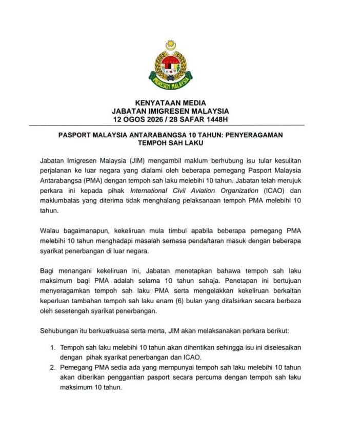 Pasport Malaysia Dengan Sahlaku Melebihi 10 Tahun Dihentikan