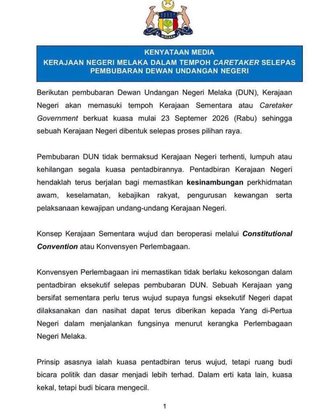 Image from: DUN Melaka Bubar, PRN Melaka Ke-16 Bakal Diadakan