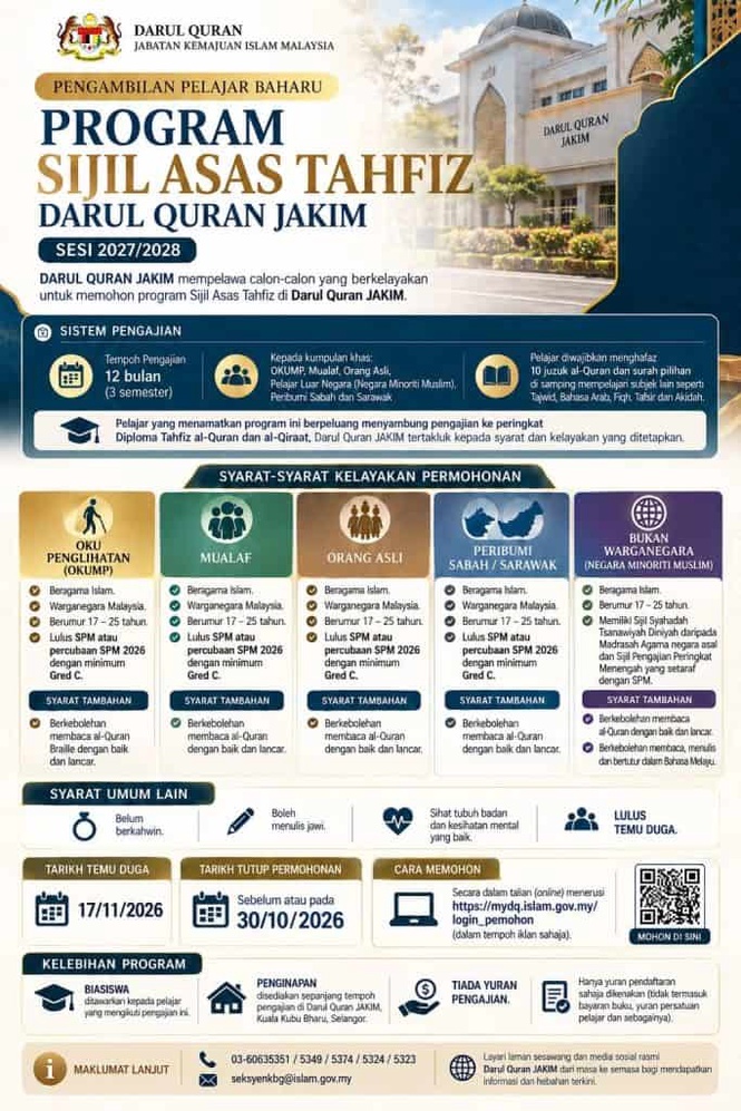 Image from: Sijil Asas Tahfiz Darul Quran JAKIM: Pengambilan Pelajar Baharu Sesi 2027/2028
