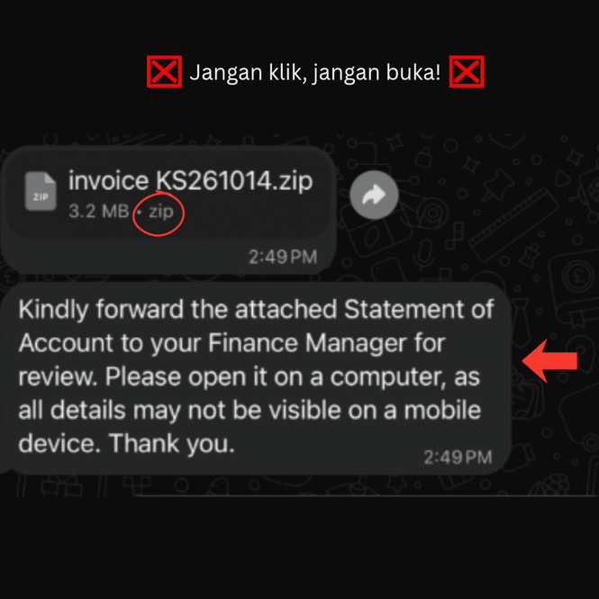 Image from: Awas! Taktik Baharu Scam WhatsApp Hantar Fail ZIP & RAR Guna Akaun Kenalan Anda