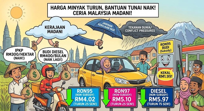 Image from: RON95 & RON97 Turun Harga! Bantuan BUDI Diesel Kini RM400 Sebulan