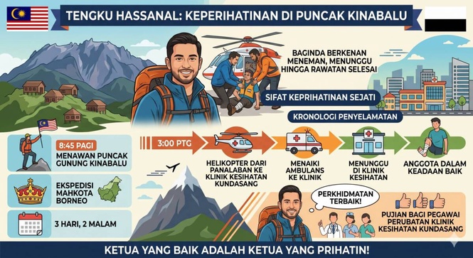 Image from: Sifat Keprihatinan Tengku Hassanal: Iringi Anggota Rombongan Cedera di Gunung Kinabalu
