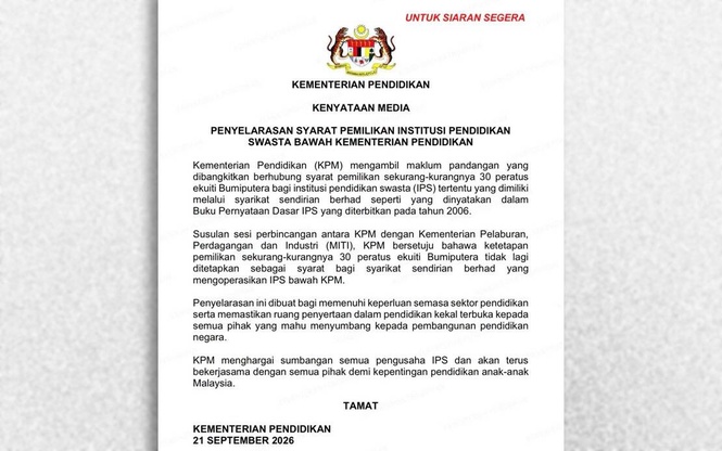 Image from: Syarat 30 Peratus Ekuiti Bumiputera Bagi Syarikat Pengendali IPS Dimansuhkan — KPM