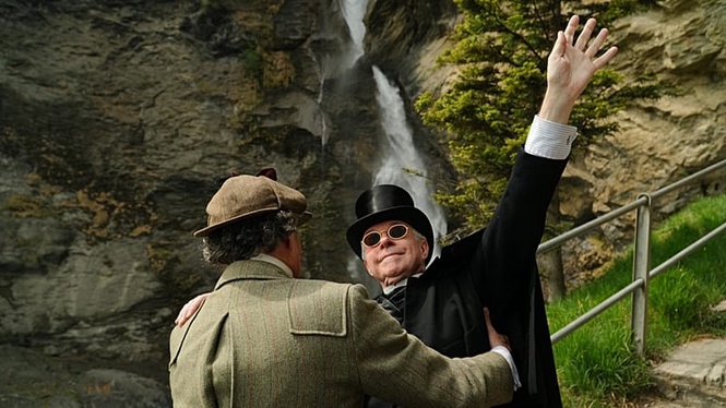 Enthusiasts recreate iconic 'death of Sherlock Holmes' at Reichenbach Falls in the Swiss Alps