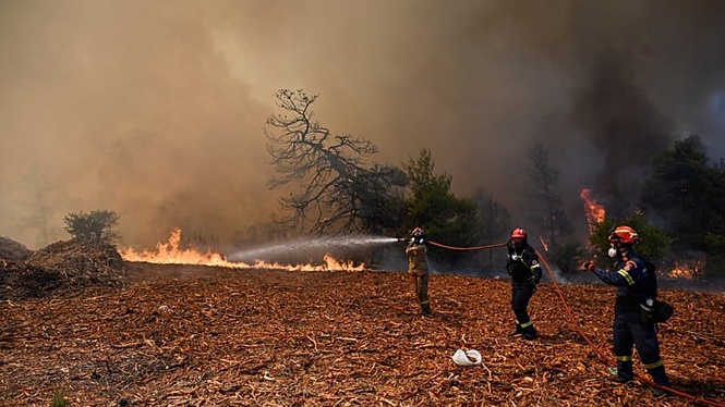 Helicopters and firefighters fight fast-moving wildfire near Athens