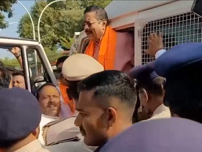 Image from: Police detain BJP MLA Yatnal during protest against Karnataka govt's Hijab ban withdrawal in schools