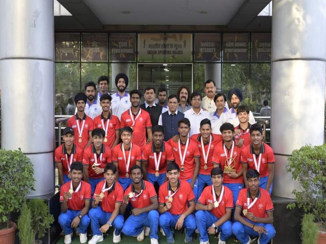 Image from: Union Sports Minister Mandaviya felicitates men's, women's teams for medal winning performances in Under-18 Hockey Asia Cup