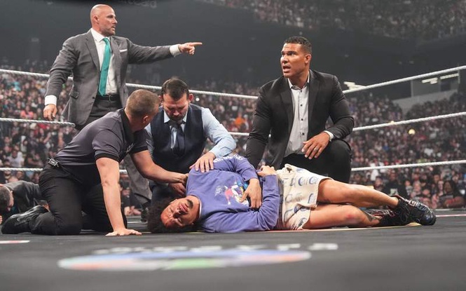 Image from: Comedian Eric Andre paid the price on WWE Raw after Roman Reigns gave Jacob Fatu the green light