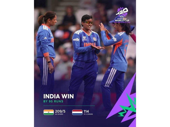 Image from: Women’s T20 WC: Clinical India beat Netherlands by 95 runs; Shafali, Smriti, Charani shine