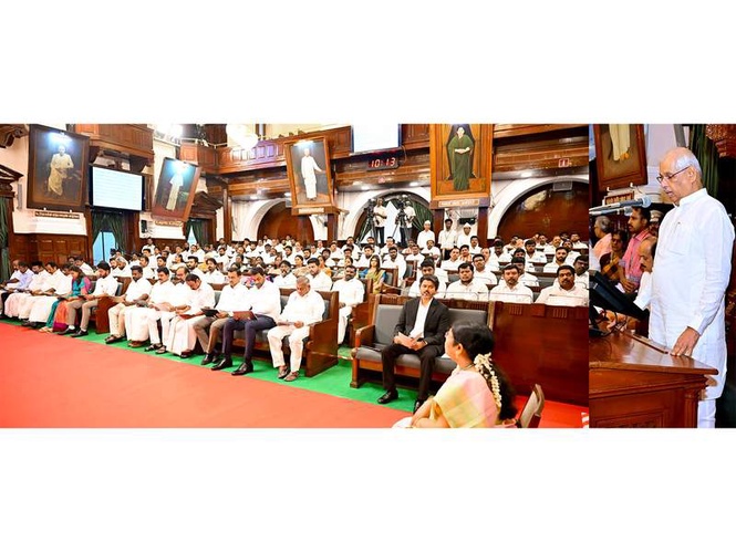 Image from: Tamil Nadu Assembly opens amid DMK protest; Governor Arlekar unveils Social Justice Survey, reaffirms two-language policy
