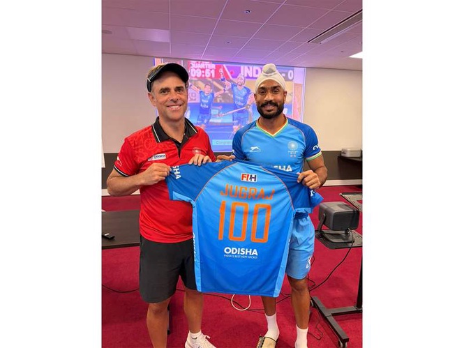 Image from: Hockey India congratulates Jugraj Singh on completing 100 international caps
