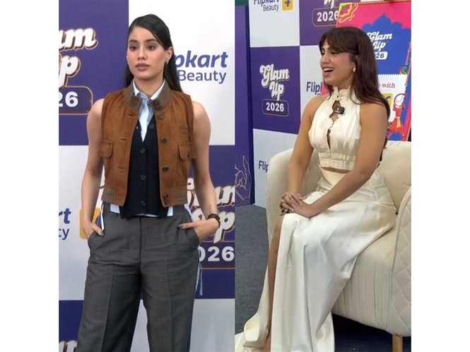 Image from: Bhumi Pednekkar, Janhvi Kapoor turn up glam quotient at Delhi event, discuss their beauty journey