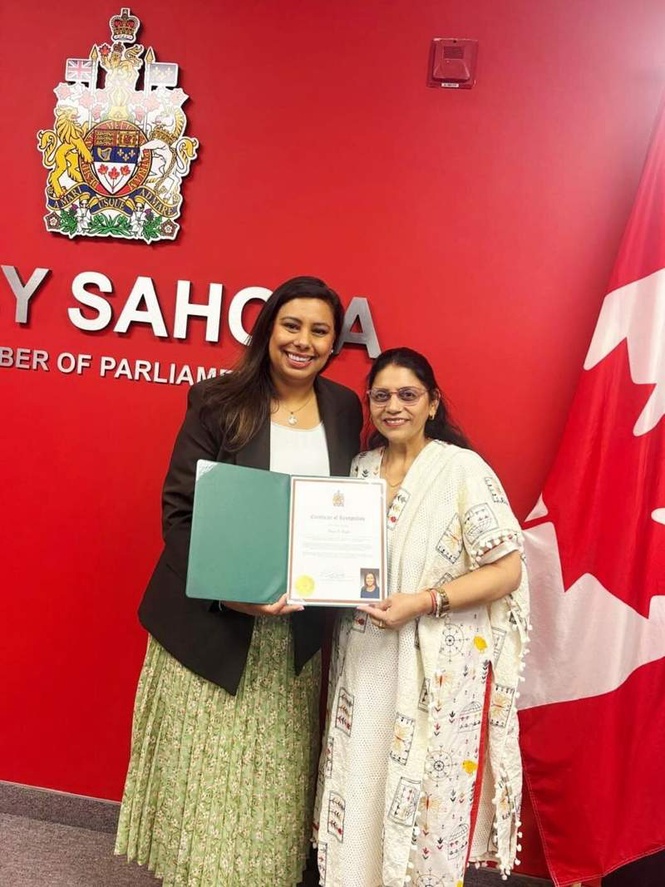 Image from: Canadian MP Ruby Sahota honours author, educator Anju V Ratti