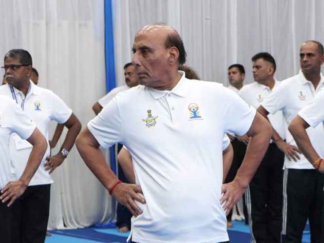 Image from: Defence Minister Rajnath Singh takes part in Yoga Day celebrations in Shillong, highlights role of yoga in physical and mental fitness