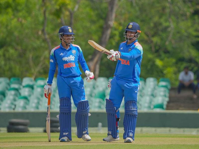 Image from: India A lift tri-series trophy after Sooryavanshi’s explosive 29-ball 94