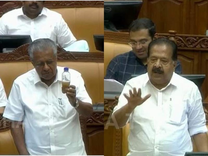 Image from: Keralam Assembly: LoP Vijayan alleges contaminated water used in AISF-AIYF protest; Chennithala says sample "sent to lab for testing"